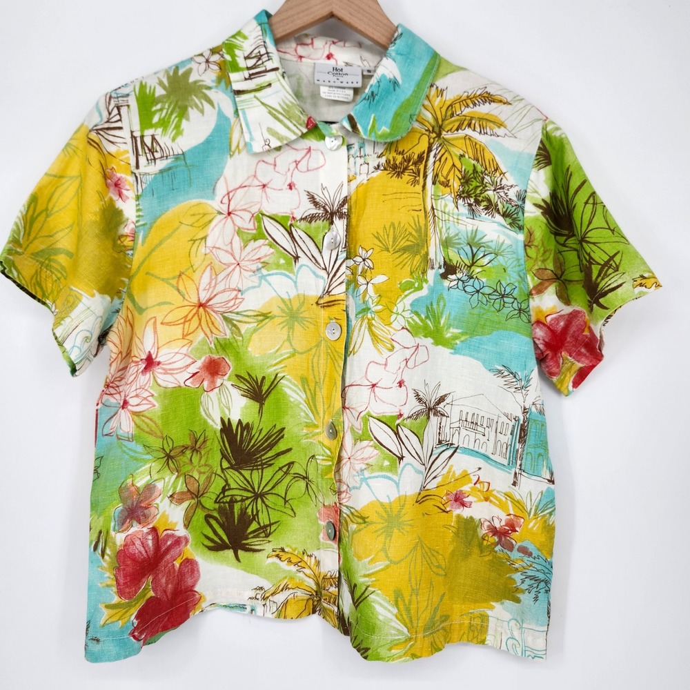 Hot Cotton Petite Womens 2 Piece Linen Blend Set Small S Beachy Tropical‎ Resort - Picture 2 of 13